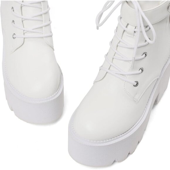 Women's Vegan Leather White Chunky Wedge Lace Up & Zipper Ankle Heel Party Boots - Picture 2 of 6